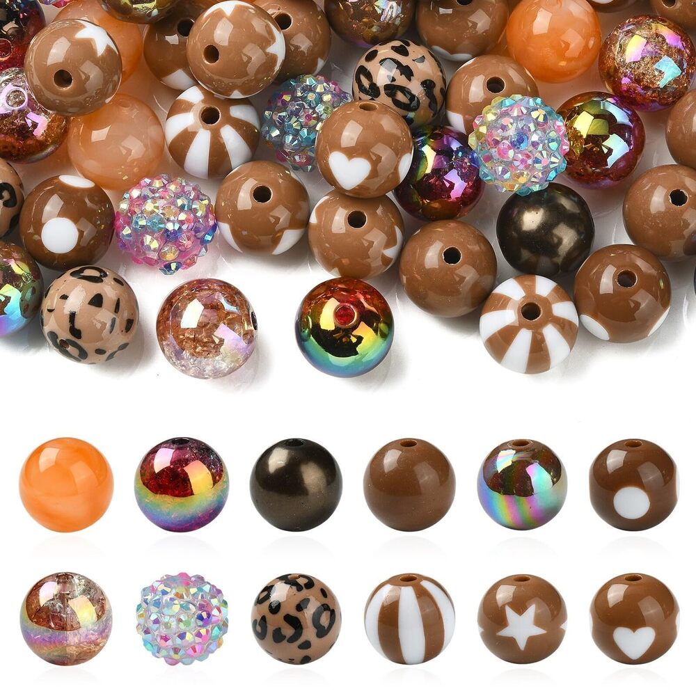 7106 100 pcs 12 Styles 16mm Brown Theme Acrylic Beads Kits Chunky Round